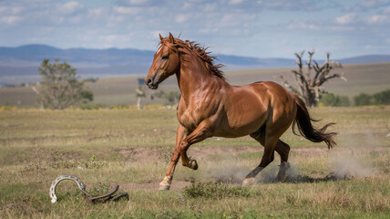 "Powerful Wild Horse Galloping Across Grassy Plains During Golden Hour"

