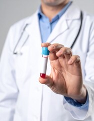 Closeup of doctor's hand in the lab holding empty label blood sample in test tube