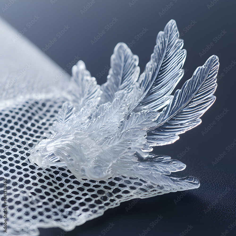 Poster a delicate clear feather-like accessory is attached to a net-like material. it could be a unique ado