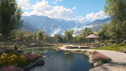 Fototapeta premium Serene mountain park with water features
