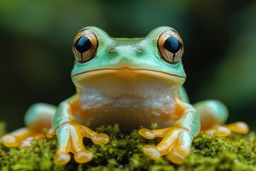 A frog sits on moss with a blurred green background looking at camera.