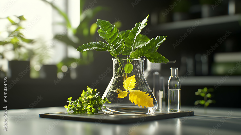 Poster laboratory setting with plants in a flask suggests botanical research or natural product development