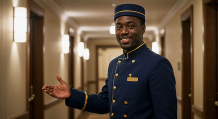 African bellboy making inviting gesture in the hotel hall