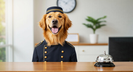 Friendly golden retriever bellboy welcoming guests at hotel reception  