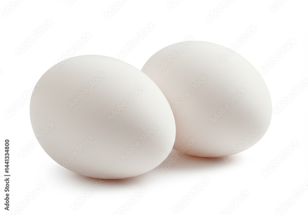 Poster two white eggs lying side by side on a white surface in a simple and clean studio shot image style