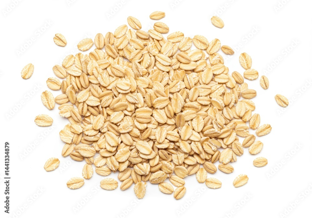 Poster a heap of uncooked rolled oats scattered on a plain white surface in a studio setting view from abov