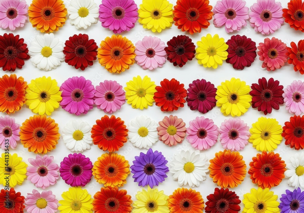 Poster arrangement of colorful gerbera daisies in rows on a white background creating a vibrant floral patt