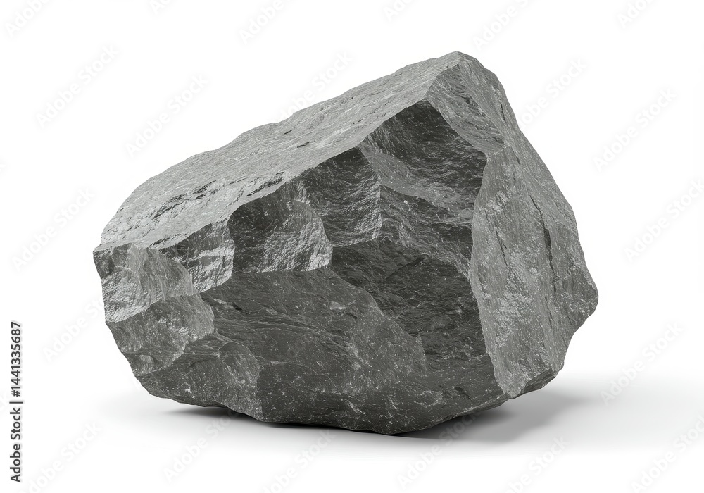 Poster a single gray rock with rough edges and texture is isolated on a plain white background in studio sh