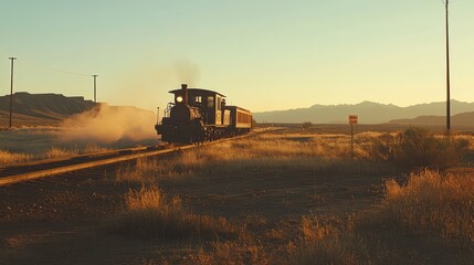 Fototapeta premium Vintage steam locomotive train traversing a desert landscape.