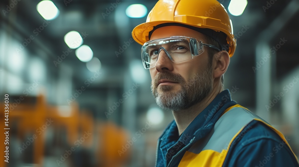Poster professional caucasian engineer in hardhat training factory worker, emphasizing teamwork and skill d