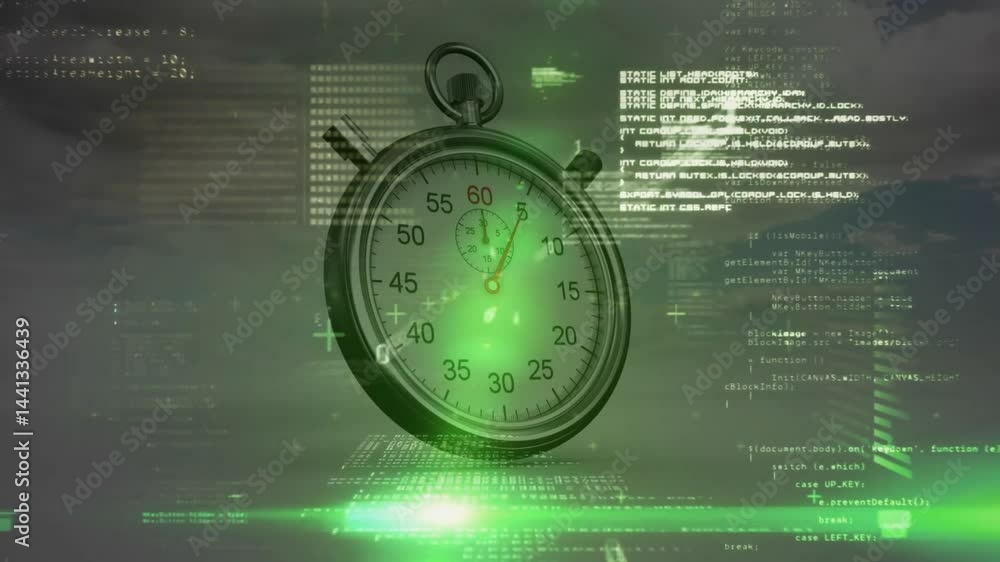 Poster animated 3d mechanical stopwatch floating over digital grid, showing scrolling code and green glow