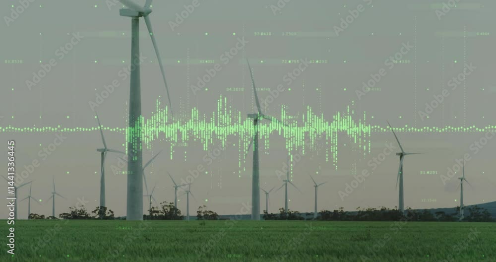 Poster wind turbine rotating over green field, showing digital waveform overlay with floating numeric data