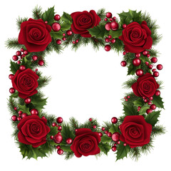 This image depicts a decorative frame made of red roses, berries, and greenery.
