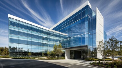 Modern glass office building exterior with blue sky and trees.
