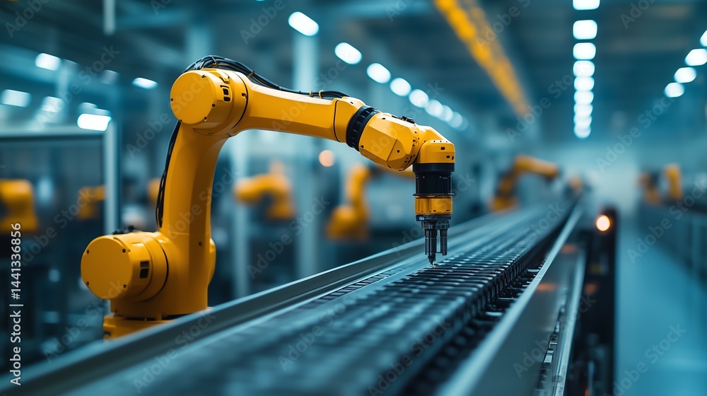 Poster industry 4.0 robot arm in action on modern production line with minimalist aesthetic