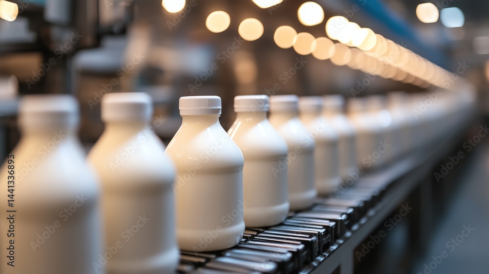 Poster robotic milk bottling factory line: high-tech dairy processing with selective focus and minimalist i