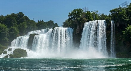 Fototapeta premium Majestic waterfall cascading in a sunny national park background 