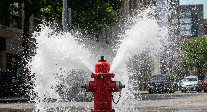 Red fire hydrant spraying water on a city street  