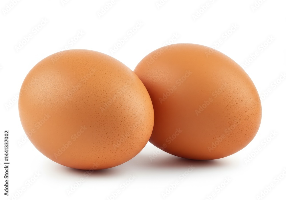Poster two brown eggs are positioned side by side on a white background in a simple studio style shot image