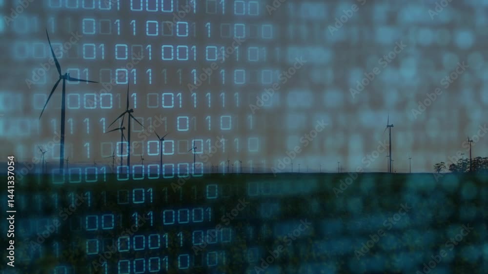 Poster wind farm being animated at dusk with turbines blending with translucent binary code overlay