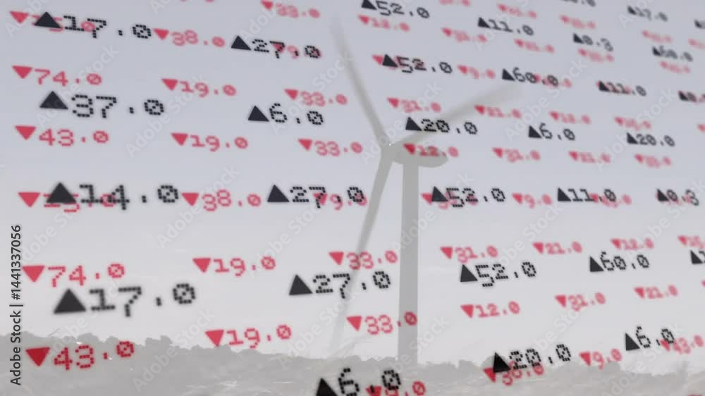 Poster wind turbine generating clean power while data numbers floating over grassy field with 3d overlay
