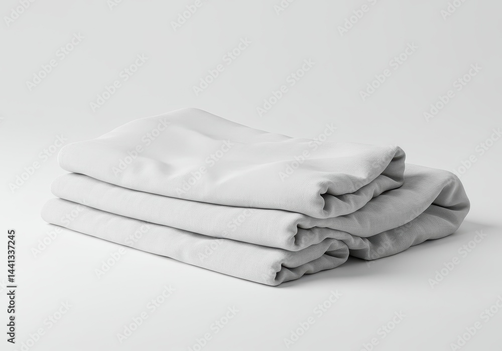 Poster a neatly folded stack of light gray or white sheets resting on a white surface in a bright setting