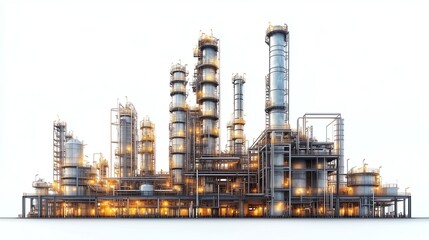 Obraz premium Oil and Gas Refinery Industrial Complex - Petroleum Plant with Distillation Towers on White Background