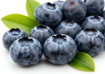 A close up shot of blueberries with green leaves on a white surface in a studio setting view