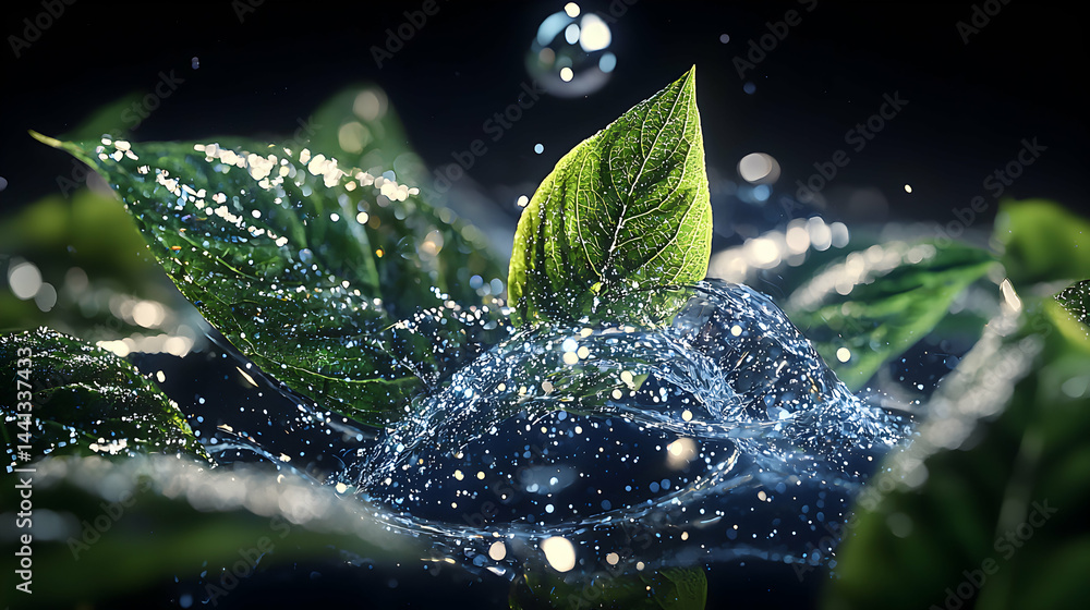 Poster a vibrant image captures water splashing around green leaves creating a dynamic display. perfect for