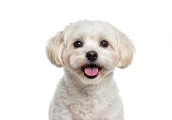 Obraz premium A close up of a happy white maltese dog with its tongue out on a white background in studio lighting