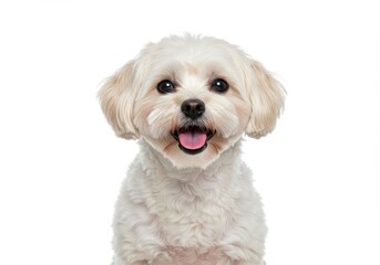 Obraz premium Close up portrait of a fluffy white maltese dog with its mouth open against a white background