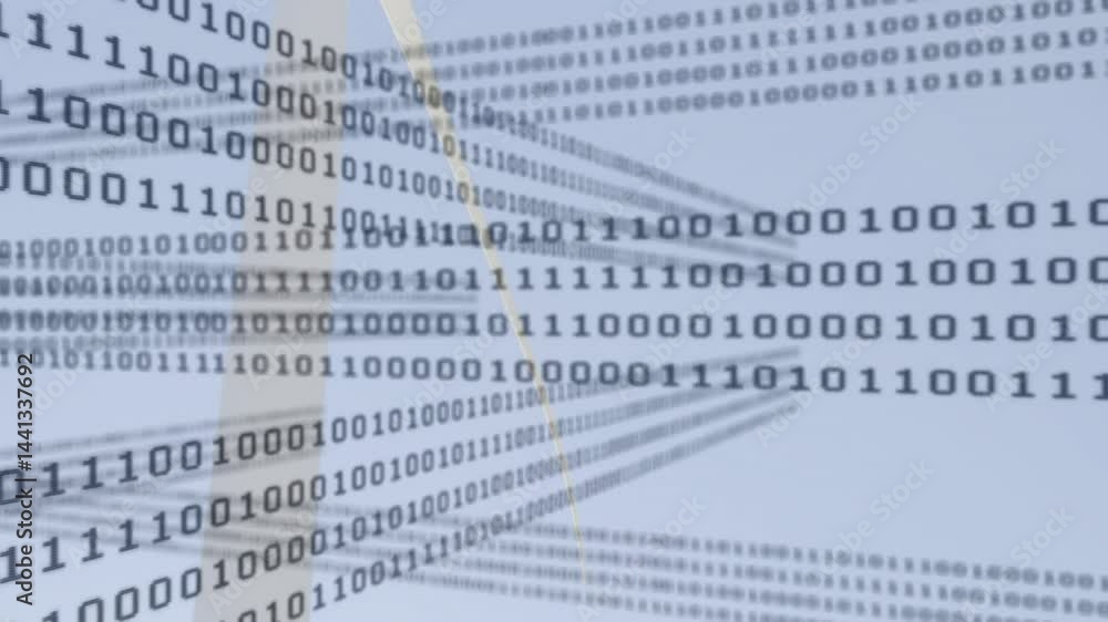 Poster binary digits streaming across sky background, blending wind turbine silhouette within digital grid