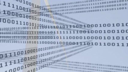 Binary digits streaming across sky background, blending wind turbine silhouette within digital grid - Powered by Adobe