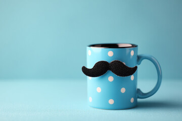 Light blue polka-dotted coffee mug with a black textured mustache decoration.