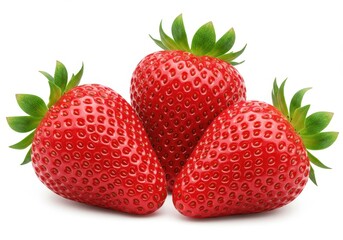 A close up shot of three vibrant red strawberries with green leaves isolated on a white background