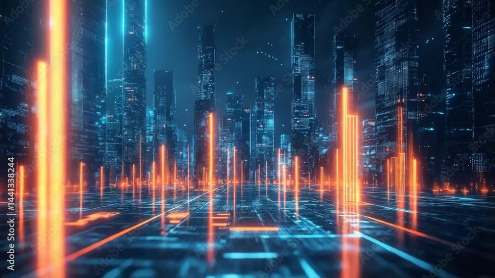 Poster abstract futuristic cityscape with neon lights and digital data stream visualization