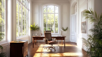 Fototapeta premium Sunlit office, classic decor, garden view, peaceful workspace, interior design