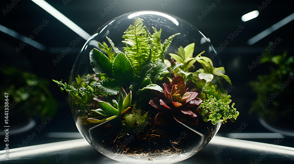 Poster a vibrant terrarium in a glass globe illuminated by soft lighting. perfect for adding a touch of nat