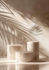 Minimalist scene with three beige cylindrical pedestals, textured wall, and delicate palm leaf with soft shadows creating calm and natural atmosphere