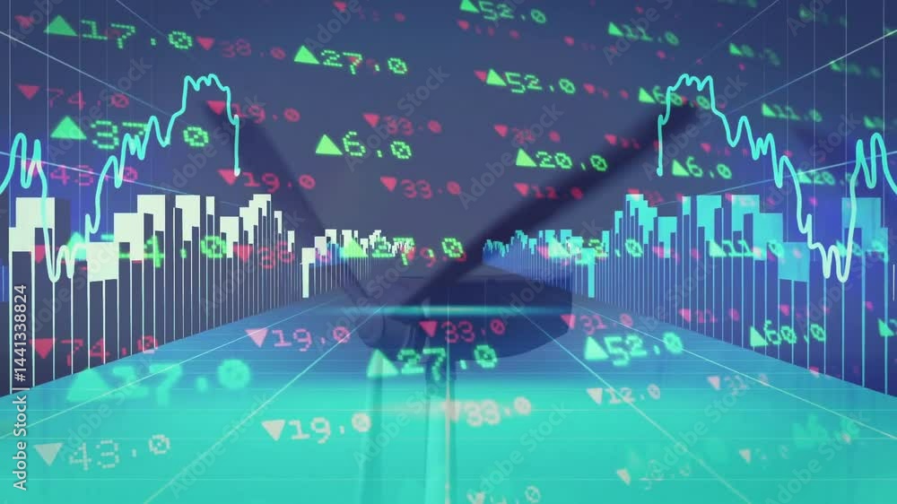 Poster 3d render digital trading interface showing neon stock indicators floating over glowing grid floor
