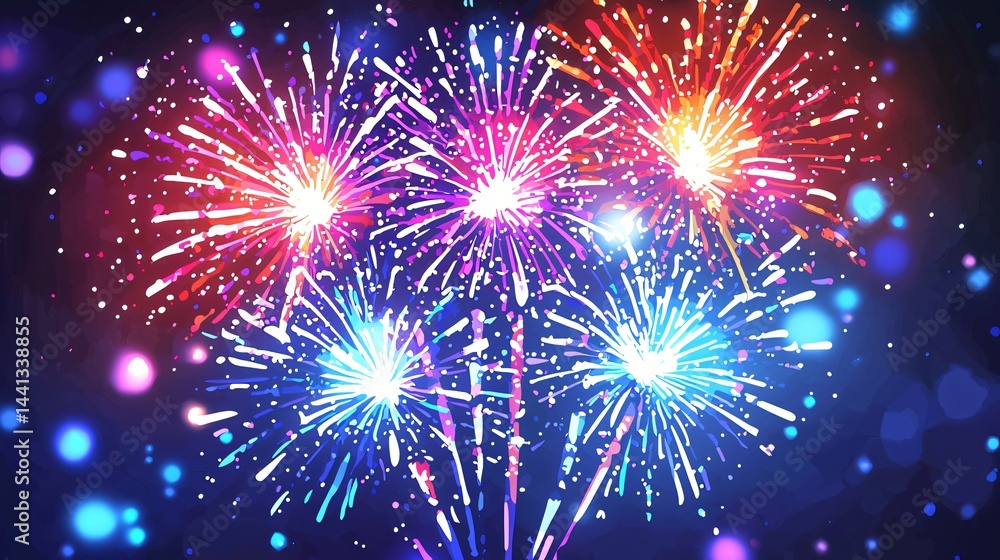 Poster vibrant fireworks bursting in a night sky creating an abstract icon of colorful explosions and illum