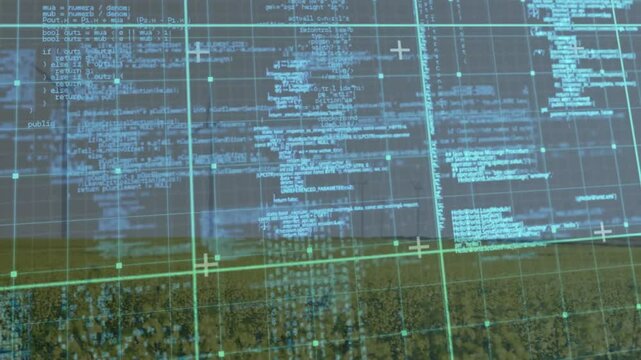 Digital code overlay floating above rural meadow, showing turquoise grid lines, UI control tags