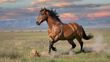 "Powerful Wild Horse Galloping Across Grassy Plains at Golden Hour with Dust and Tumbleweed"

