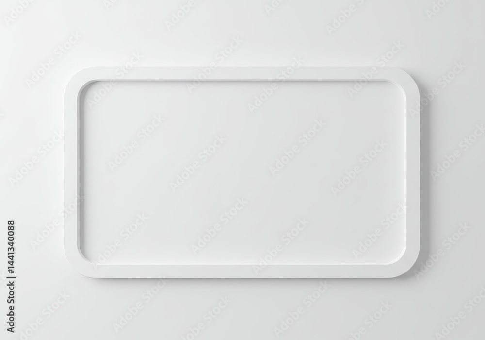 Poster a minimalist white rectangular frame with rounded corners on a white background in a studio shot