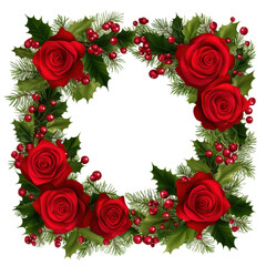 This image presents a decorative square frame made of vibrant red roses and greenery, suitable for a festive holiday.