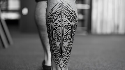 A man's legs are covered in tattoos, including a face design