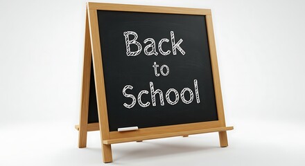 Wooden framed chalkboard with the text back to school written in white chalk on white background.