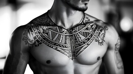 A man with a tattooed chest and neck
