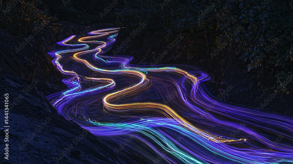 Poster captivating river scene with long exposure technique showcasing beautiful light trails creating abst