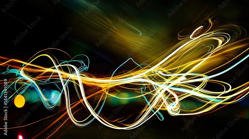 Poster striking abstract light painting featuring a blurred display of glowing trails in a vibrant and dyna